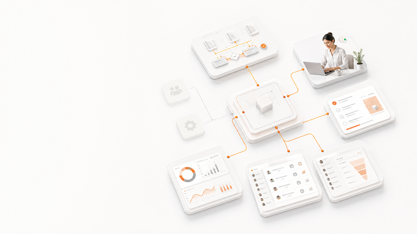 Connected AGH engagement-model components illustrating setup, people, managed activity, technology and reporting around one operating structure.