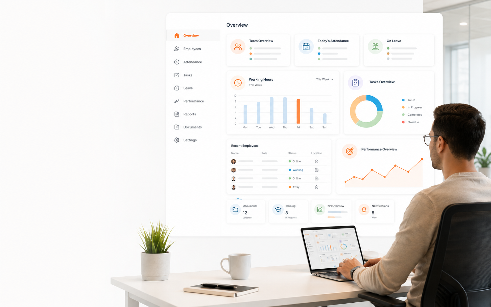 AGH workforce management platform showing attendance, tasks, performance and reporting visibility