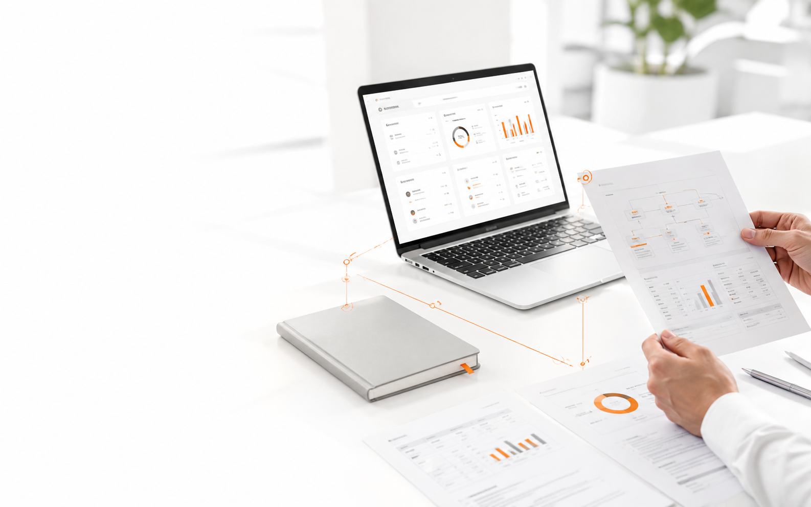 Operational dashboard, workflow notes and reporting documents being reviewed as part of business decision-making.