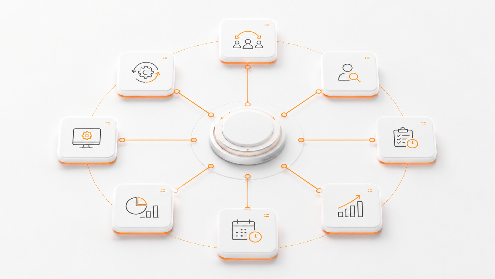 Eight connected operational topic areas arranged around a central business operations hub.