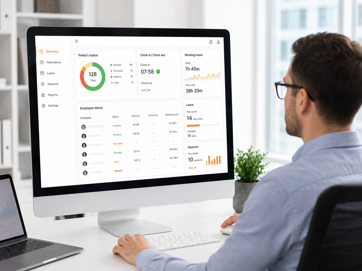 Workforce attendance interface showing employee status, clock-in and clock-out records, working hours, leave and absence information.