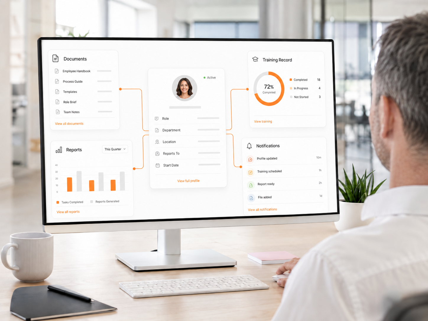 Workforce interface showing an employee profile connected with documents, training records, reports and notifications.
