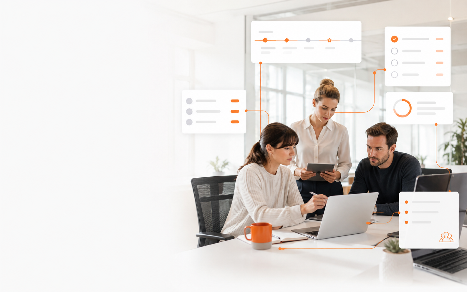 Project team working within a structured project environment with connected tasks, milestones, controls and reporting.