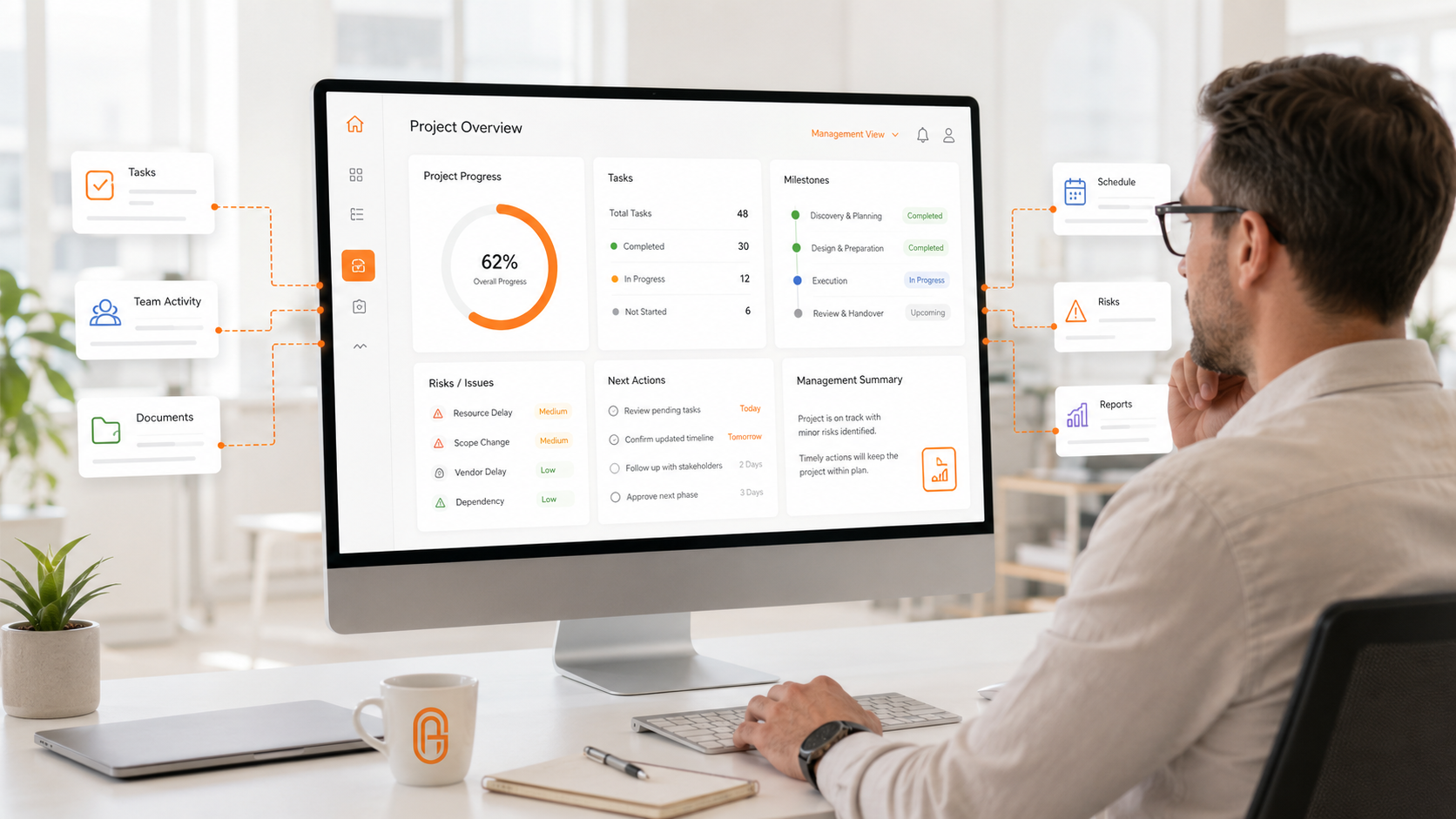 Project reporting dashboard showing project progress, tasks, milestones, risks, issues, next actions and a management summary.