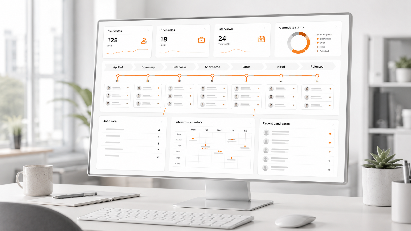 Recruitment dashboard showing candidate pipeline stages, open roles, interviews and candidate status.