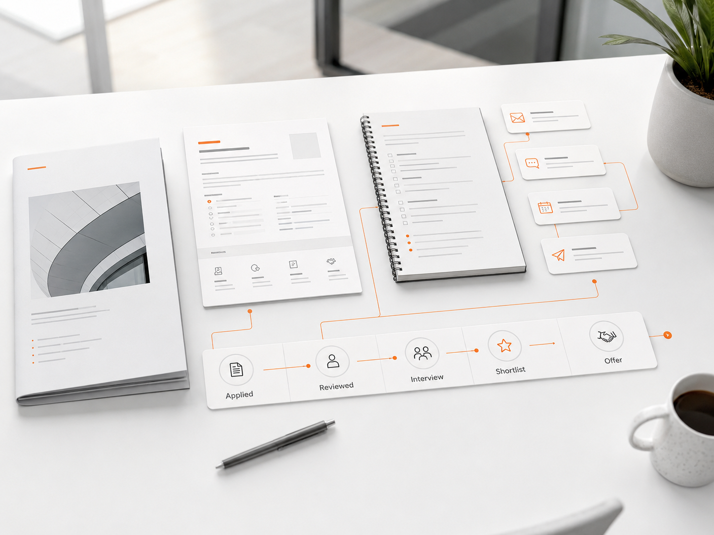 Candidate journey and recruitment materials arranged as a connected set of company, role and communication documents.