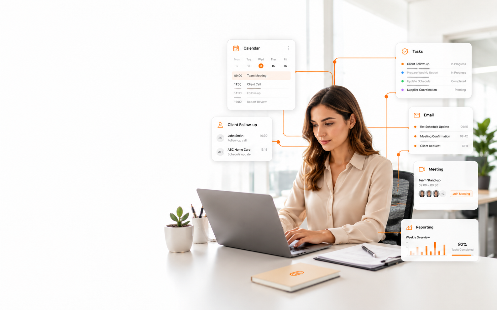 Remote coordinator working within a structured operating environment connected to calendars, tasks, client follow-up, email, meetings and reporting.