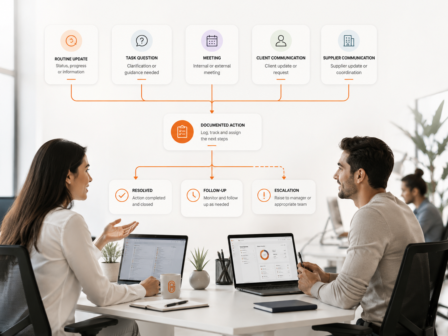 Operational communication workflow connecting routine updates, questions, meetings, client communication and supplier communication to documented action, follow-up, resolution and escalation.