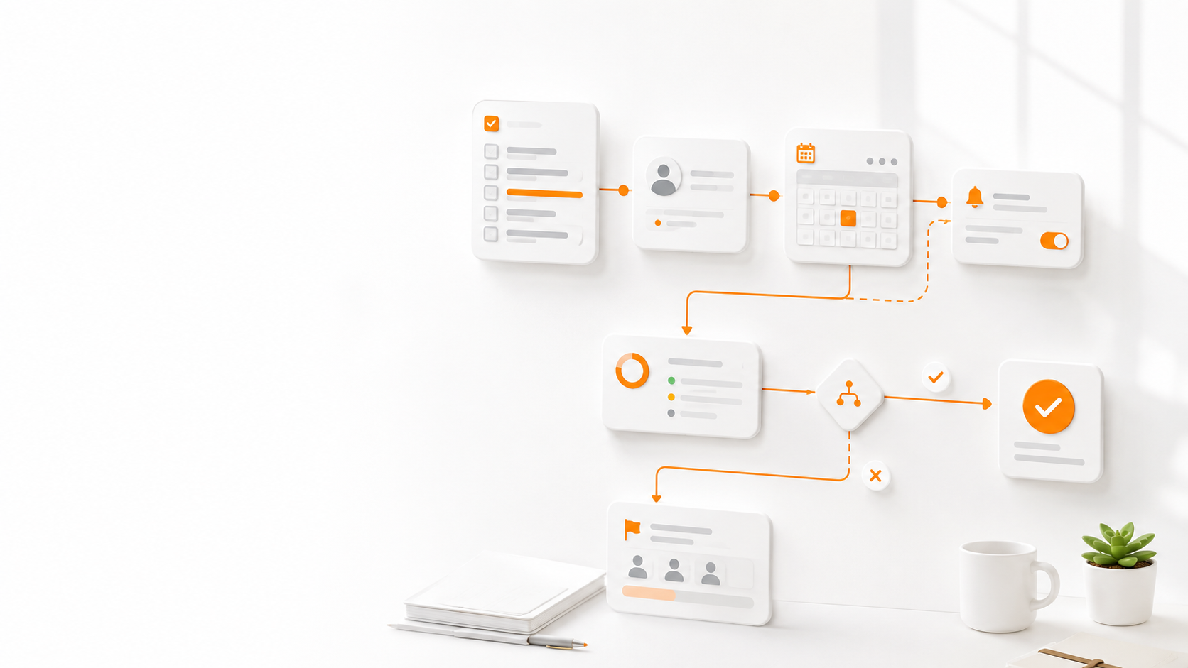 Task and escalation workflow showing task, responsibility, deadline, status, follow-up, escalation and completion.