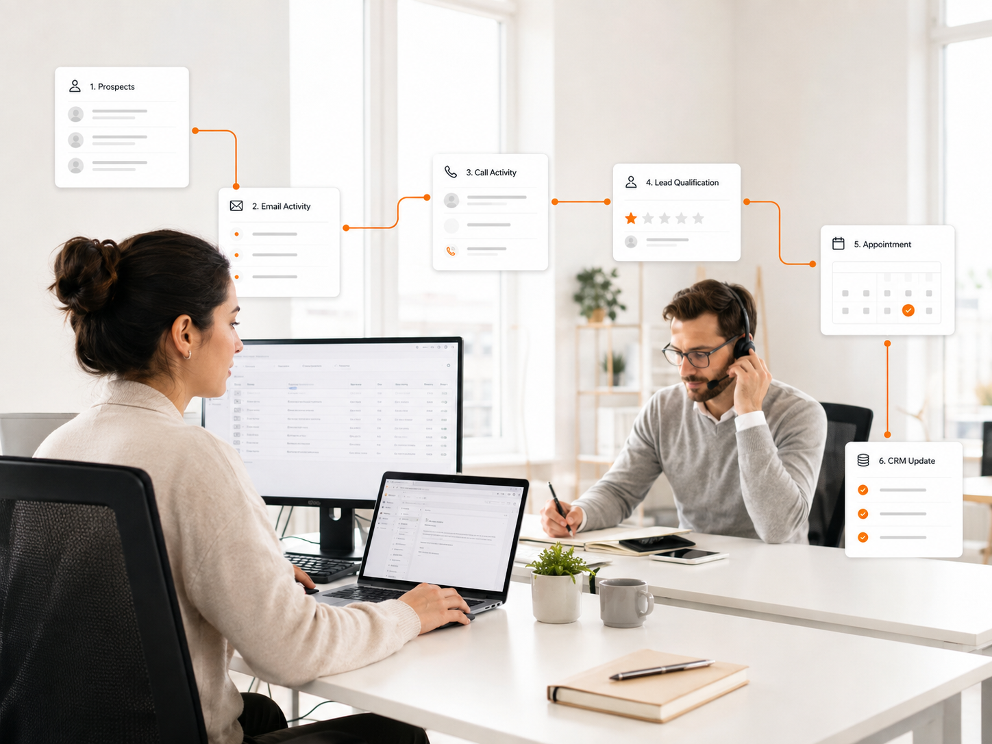 Outbound sales and call support workflow connecting prospects, email activity, call activity, lead qualification, appointments and CRM updates