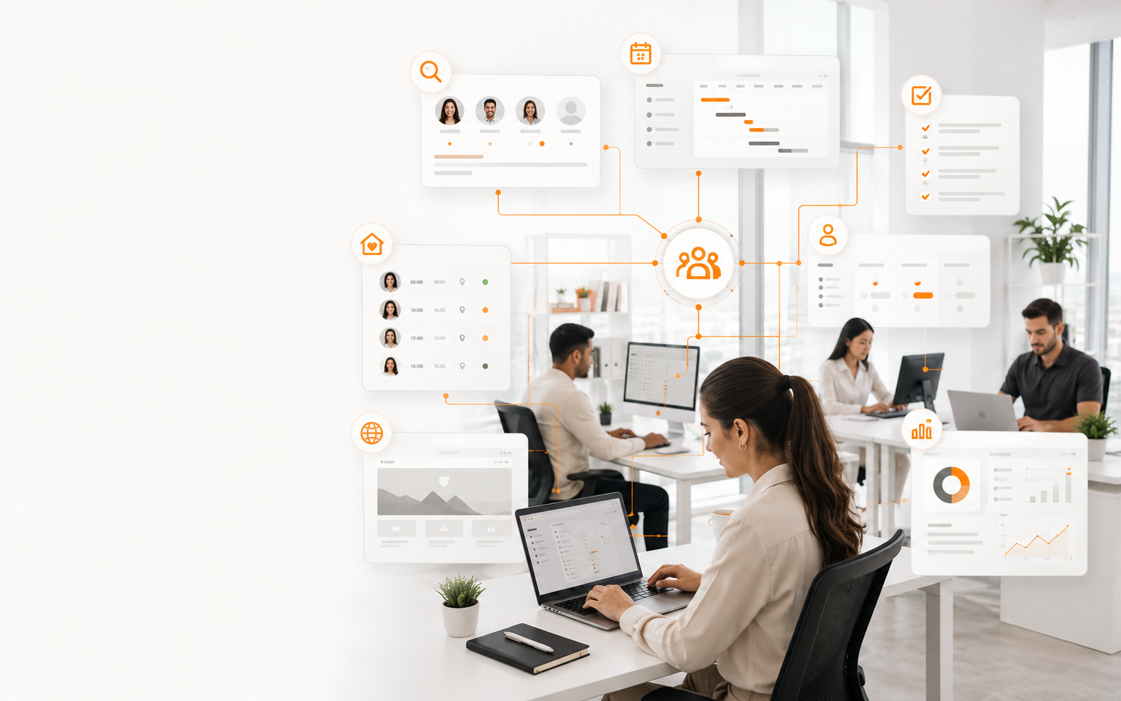 Connected AGH service ecosystem linking recruitment, scheduling, project work, website activity and reporting around a remote operations team.