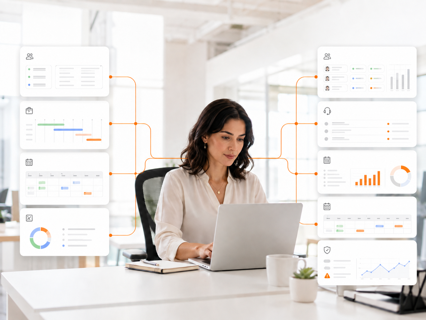Professional working across connected client systems, workforce tools, scheduling and reporting dashboards.