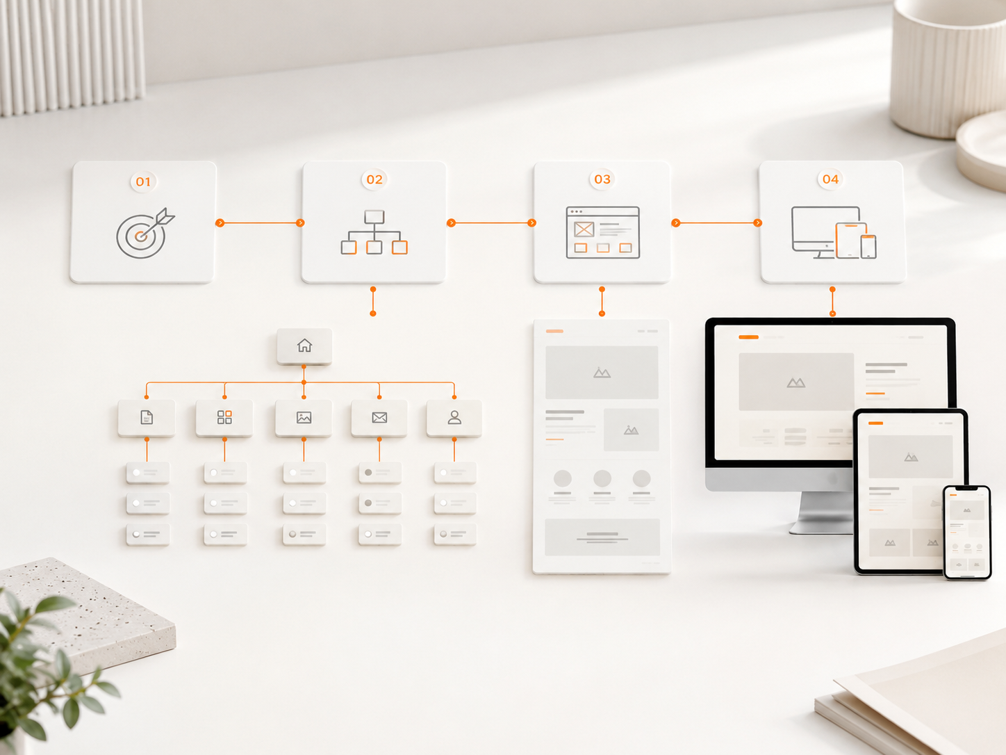 Website planning system showing strategy, sitemap, page structure and responsive layouts across desktop, tablet and mobile
