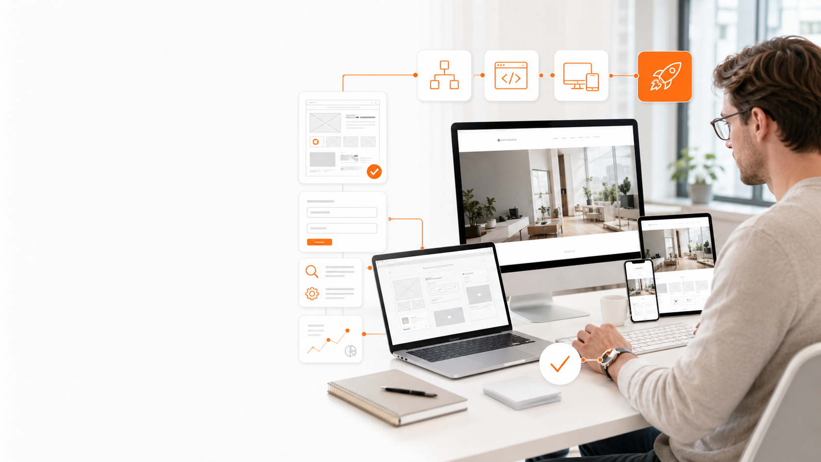 Website development workflow progressing from page build and responsive implementation through technical setup to launch